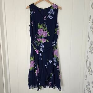 Talbots Georgette Painterly Floral Wrap Dress Navy Blue Ruffle Flowy Size 16P